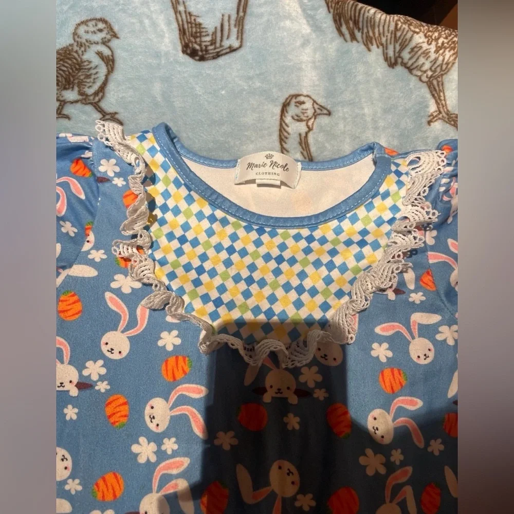 EUC Marie Nicole Easter Bunny Patterned Ruffle Jumpsuit